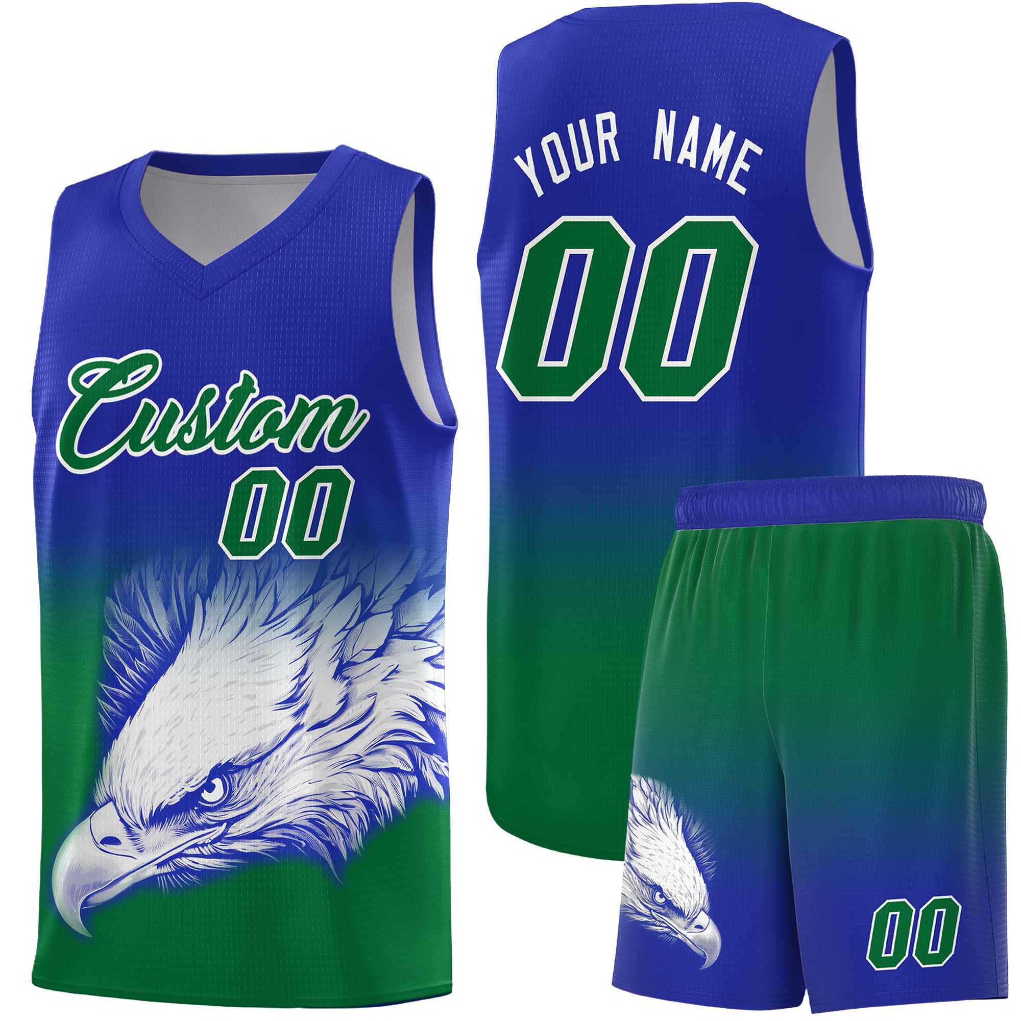Custom Royal Kelly Green Eagle Pattern Graffiti Pattern Sports Uniform Basketball Jersey