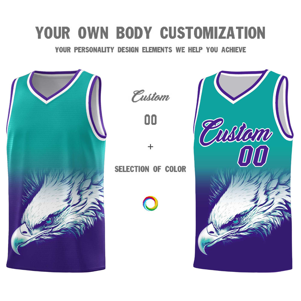 Custom Aqua Purple Eagle Pattern Graffiti Pattern Sports Uniform Basketball Jersey