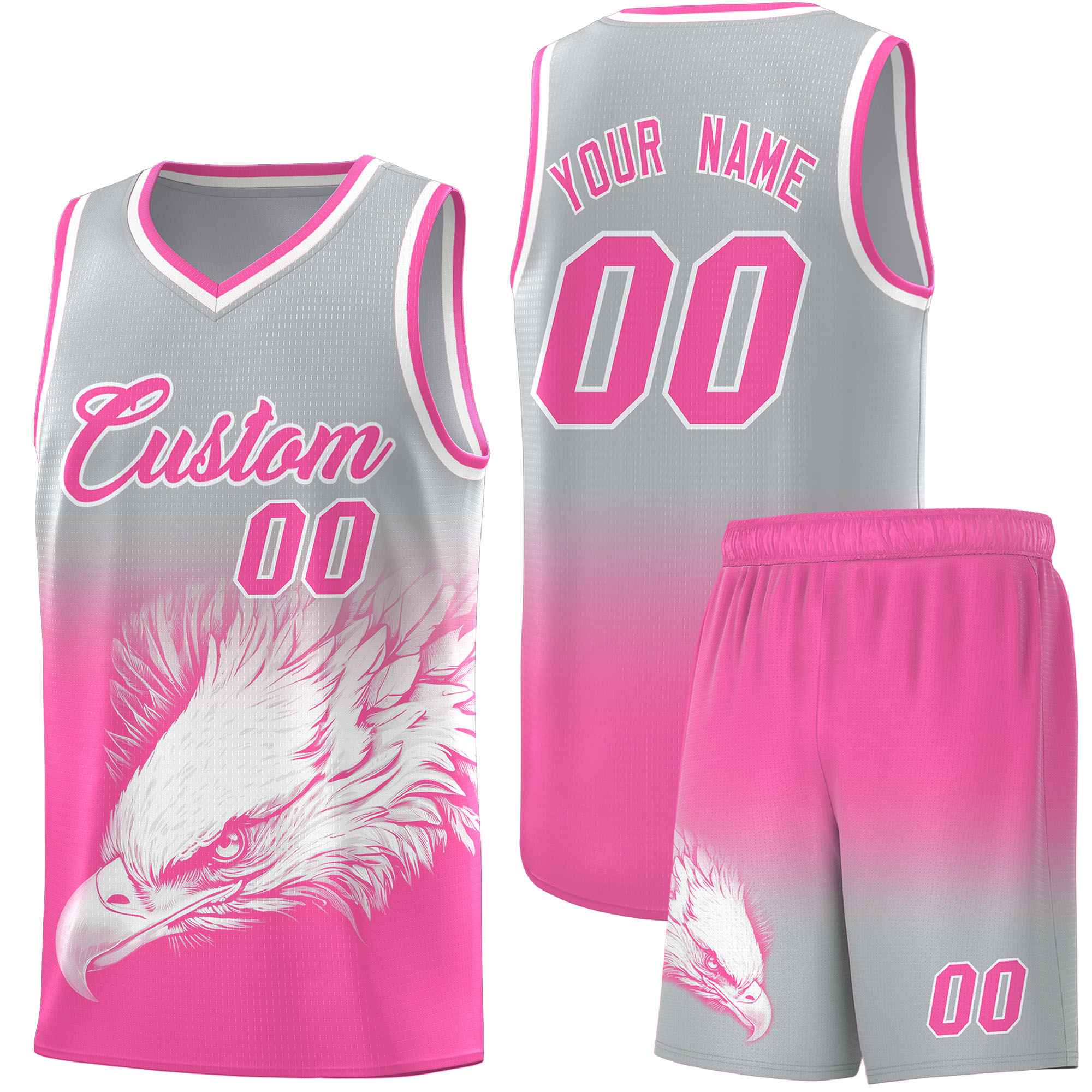 Custom Gray Pink Eagle Pattern Graffiti Pattern Sports Uniform Basketball Jersey