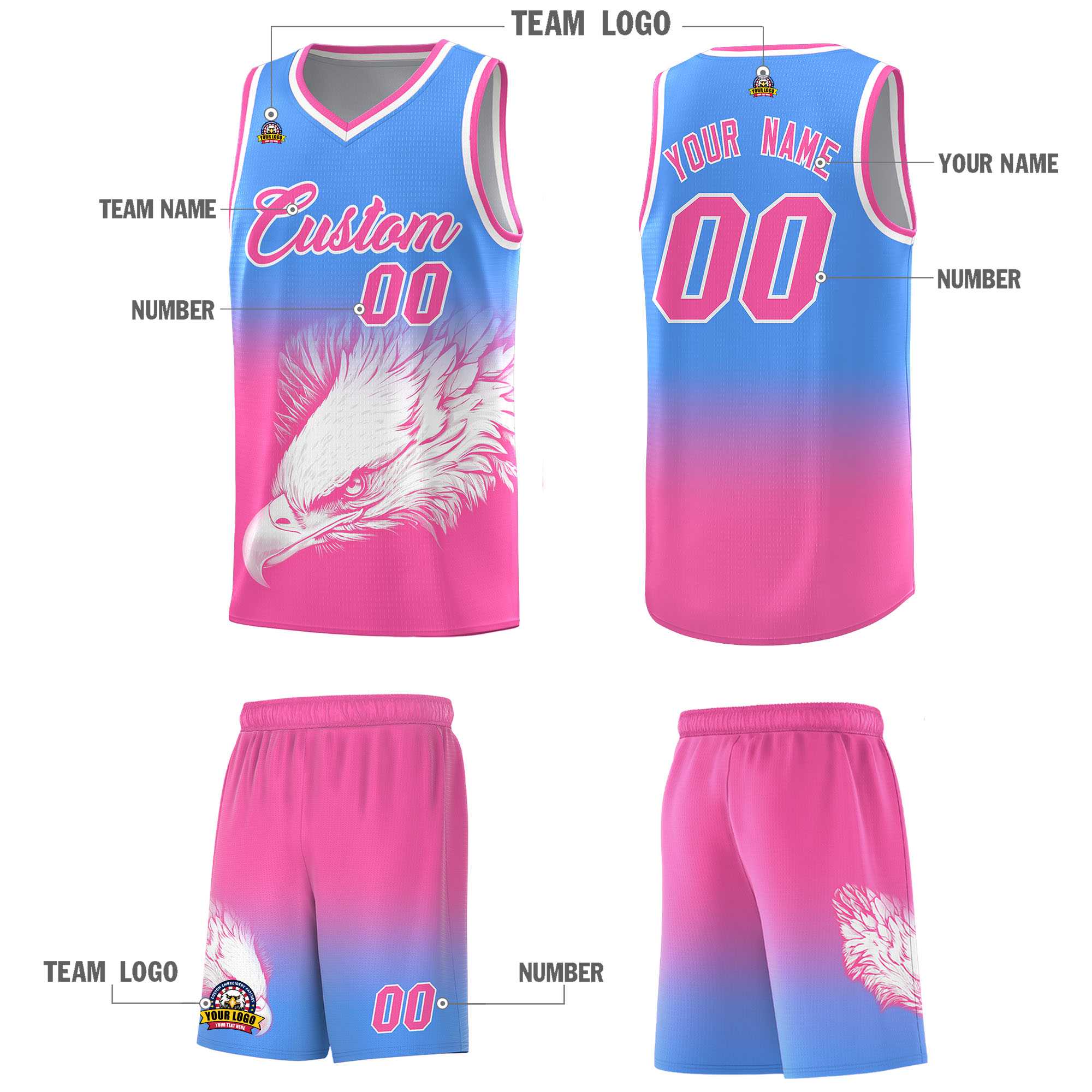 Custom Powder Blue Pink Eagle Pattern Graffiti Pattern Sports Uniform Basketball Jersey