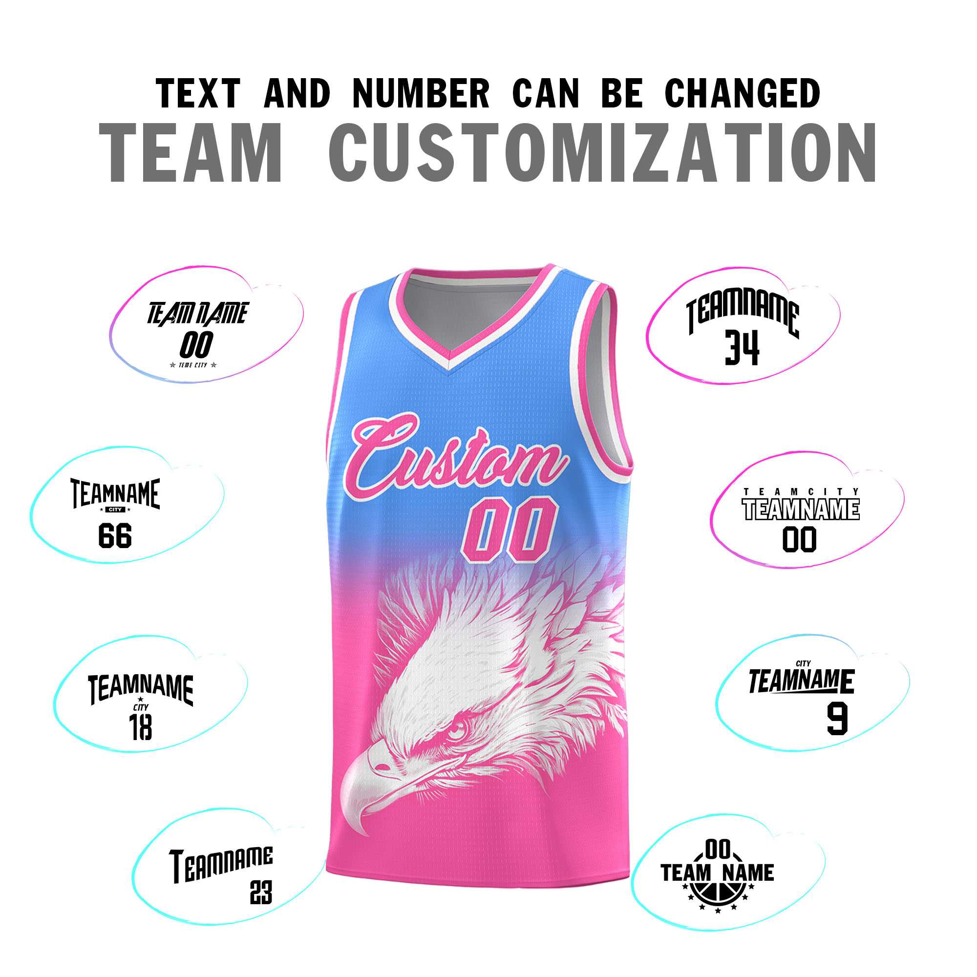 Custom Powder Blue Pink Eagle Pattern Graffiti Pattern Sports Uniform Basketball Jersey