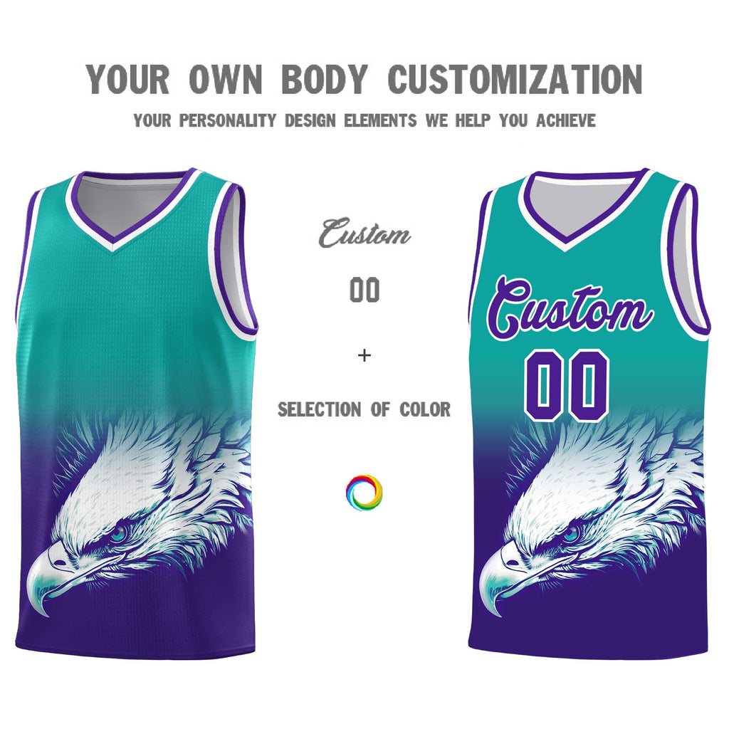 Custom Aqua Purple Eagle Pattern Graffiti Pattern Sports Uniform Basketball Jersey