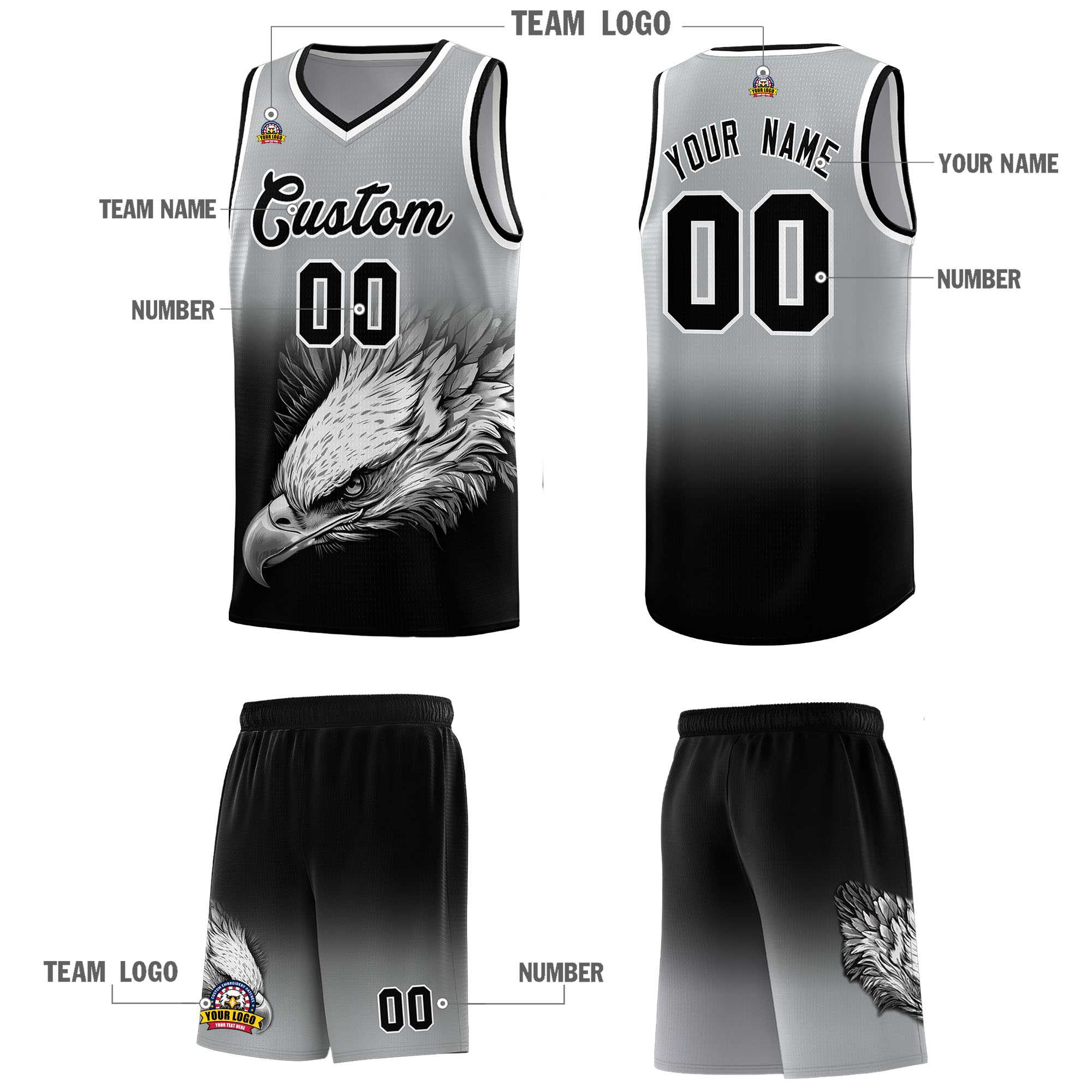 Custom Gray Black Eagle Pattern Graffiti Pattern Sports Uniform Basketball Jersey