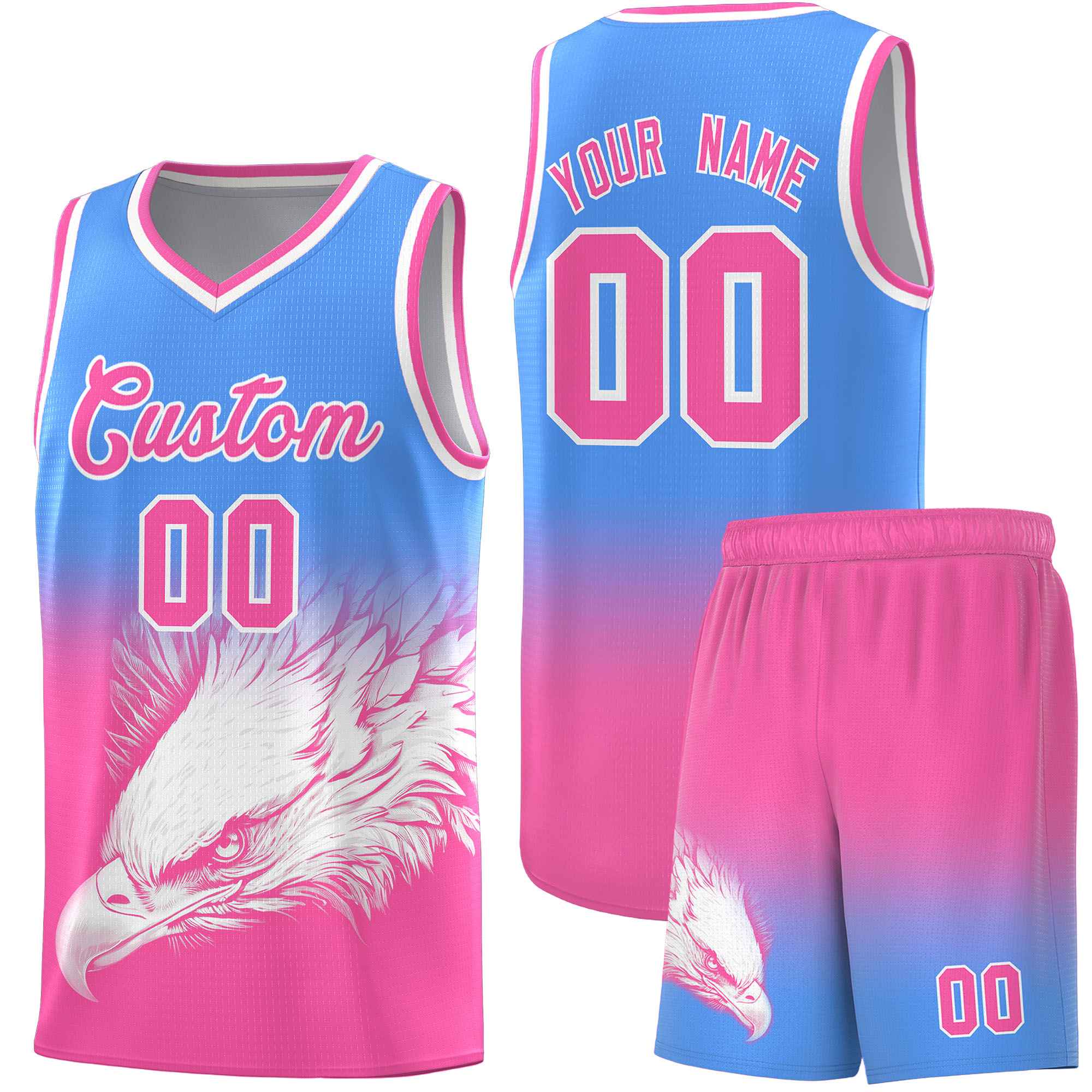 Custom Powder Blue Pink Eagle Pattern Graffiti Pattern Sports Uniform Basketball Jersey