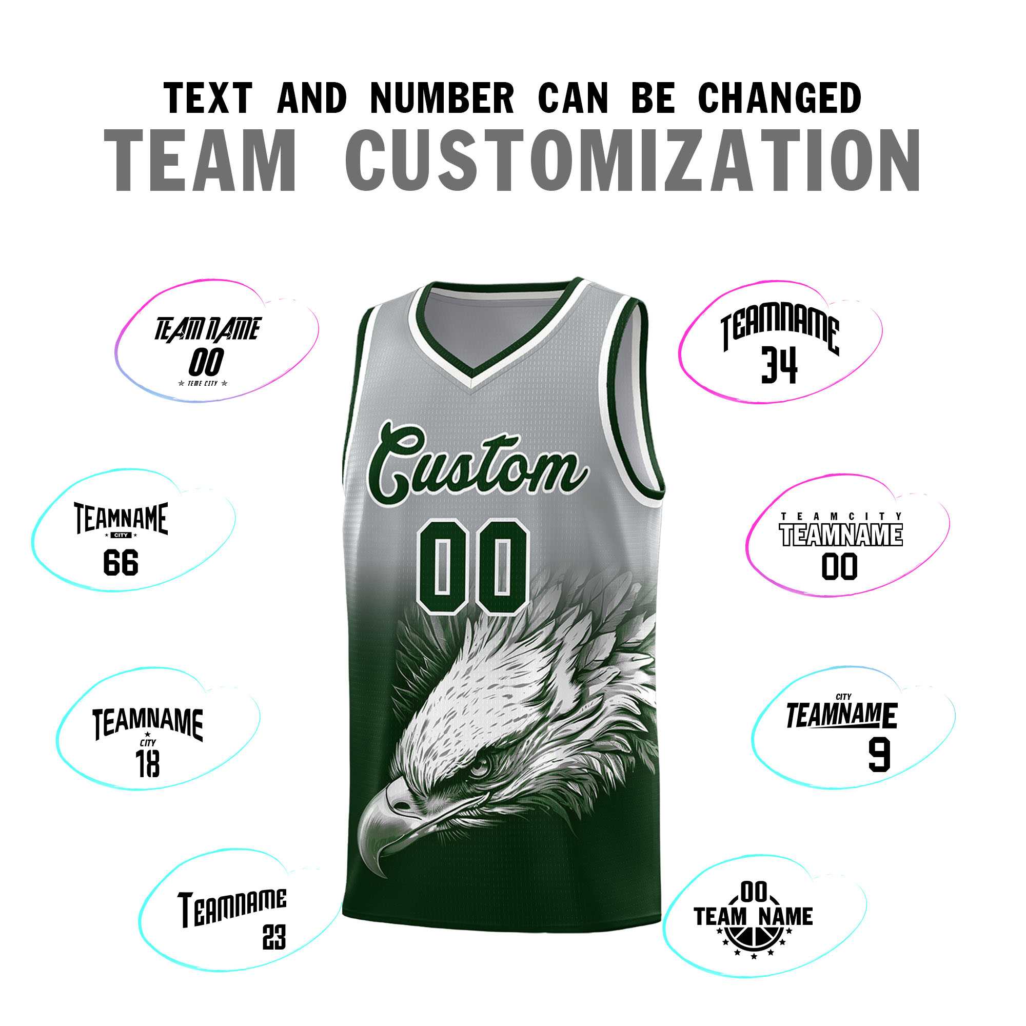 Custom Gray Green Eagle Pattern Graffiti Pattern Sports Uniform Basketball Jersey