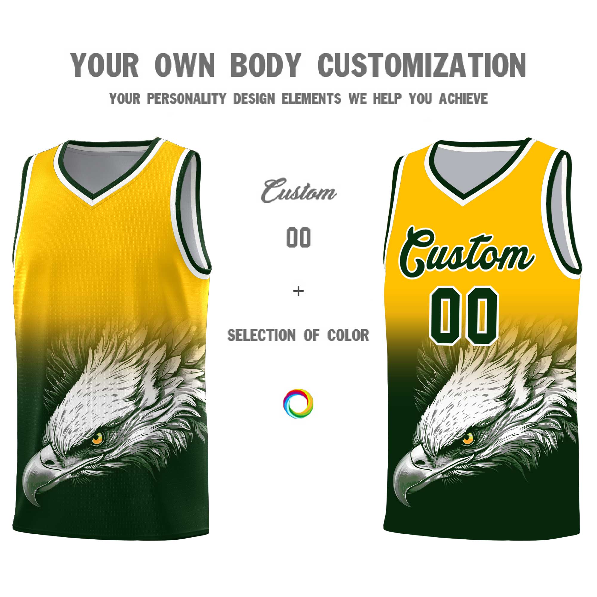 Custom Yellow Green Eagle Pattern Graffiti Pattern Sports Uniform Basketball Jersey