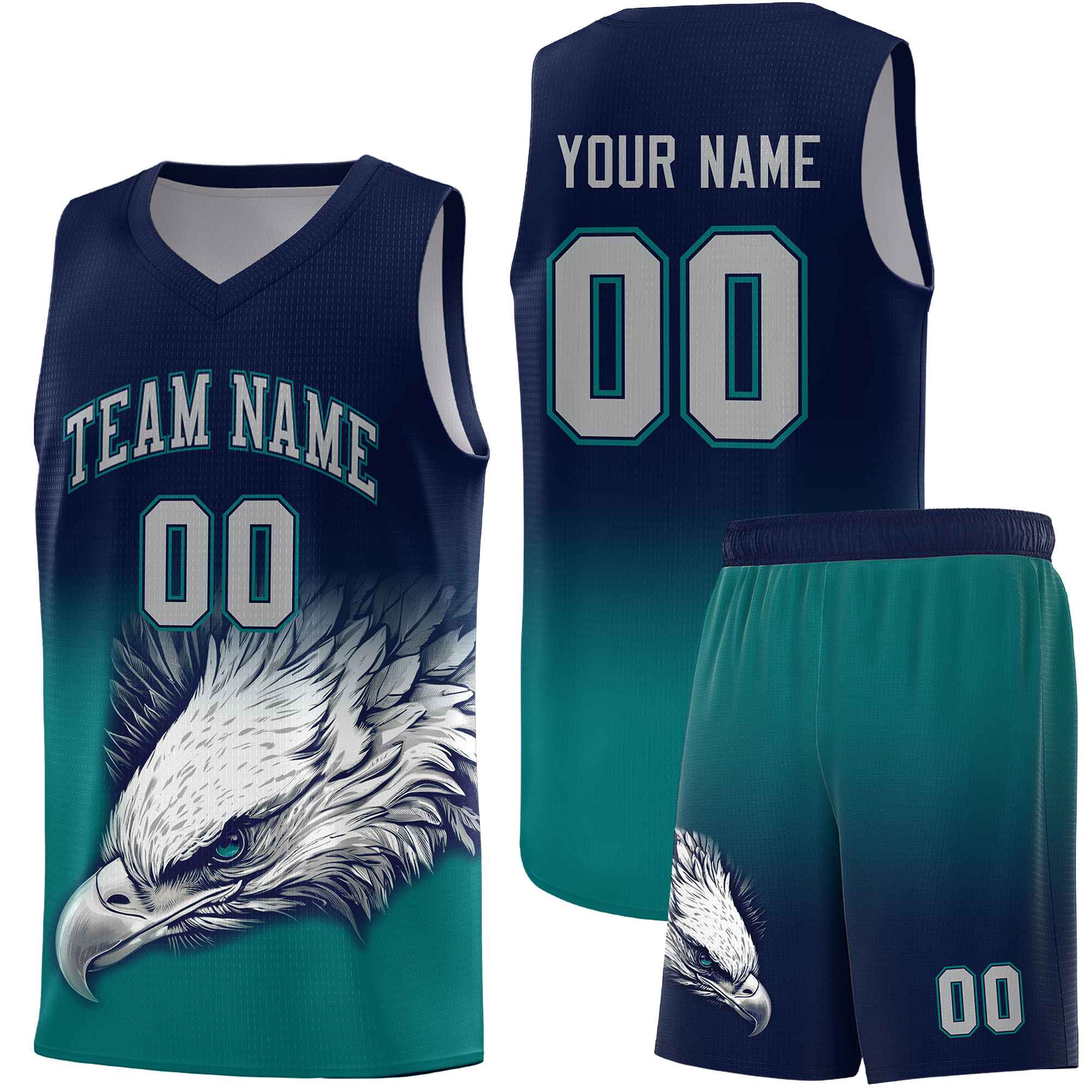 Custom Navy Teal Eagle Pattern Graffiti Pattern Sports Uniform Basketball Jersey