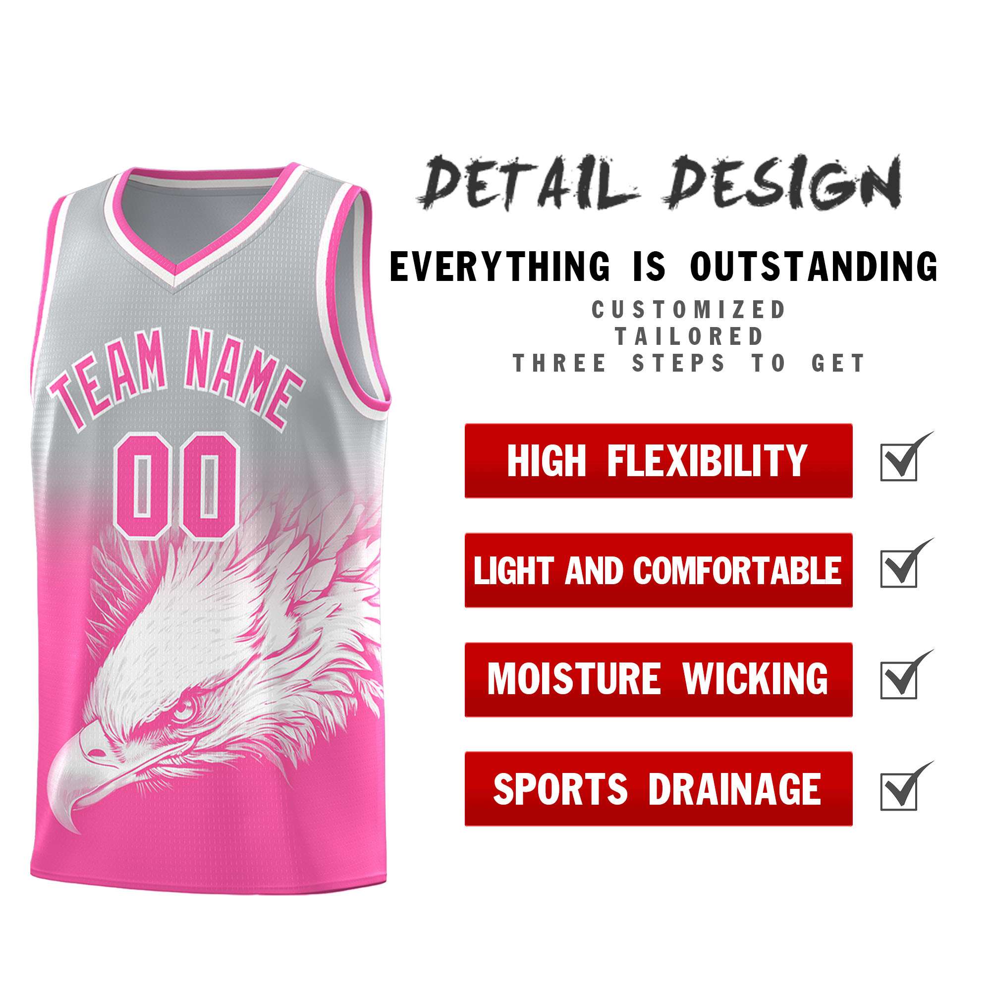 Custom Gray Pink Eagle Pattern Graffiti Pattern Sports Uniform Basketball Jersey