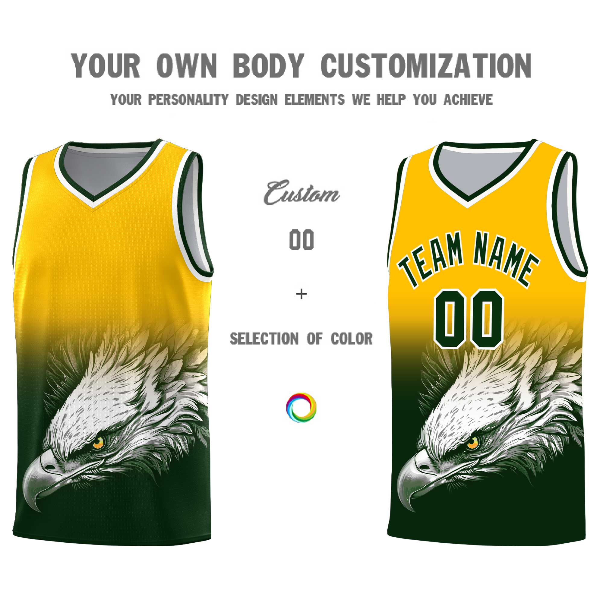 Custom Yellow Green Eagle Pattern Graffiti Pattern Sports Uniform Basketball Jersey