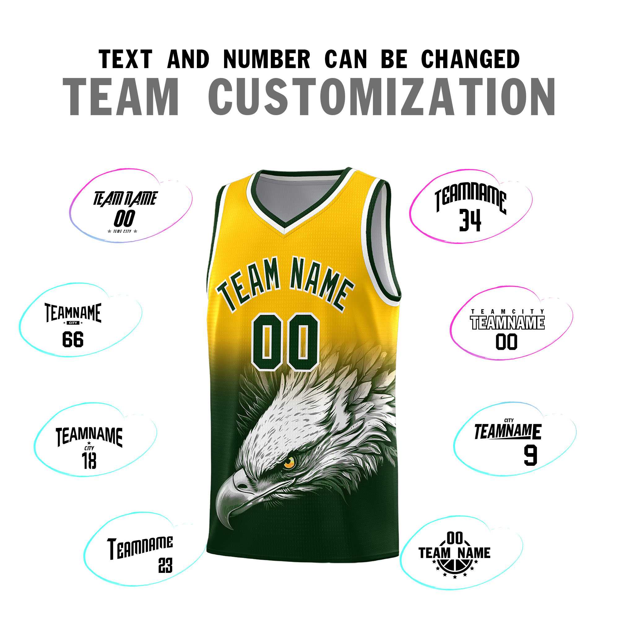 Custom Yellow Green Eagle Pattern Graffiti Pattern Sports Uniform Basketball Jersey