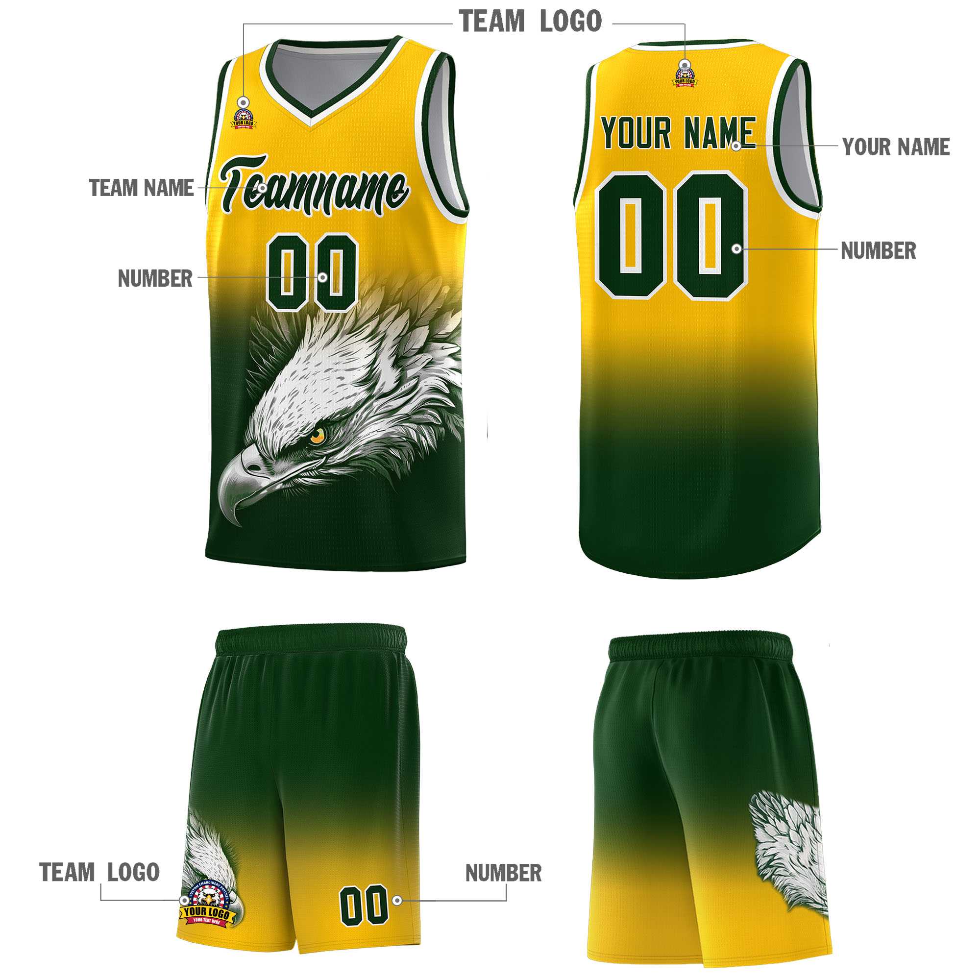 Custom Yellow Green Eagle Pattern Graffiti Pattern Sports Uniform Basketball Jersey