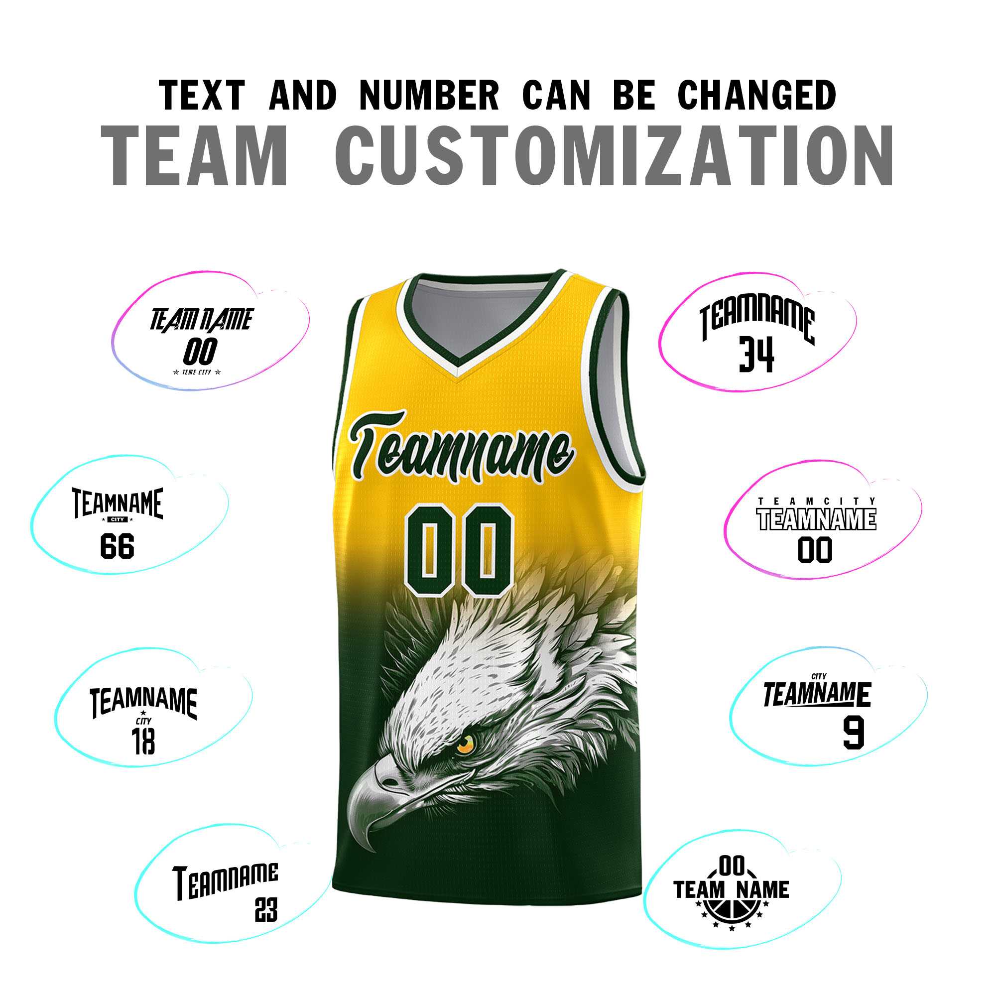 Custom Yellow Green Eagle Pattern Graffiti Pattern Sports Uniform Basketball Jersey