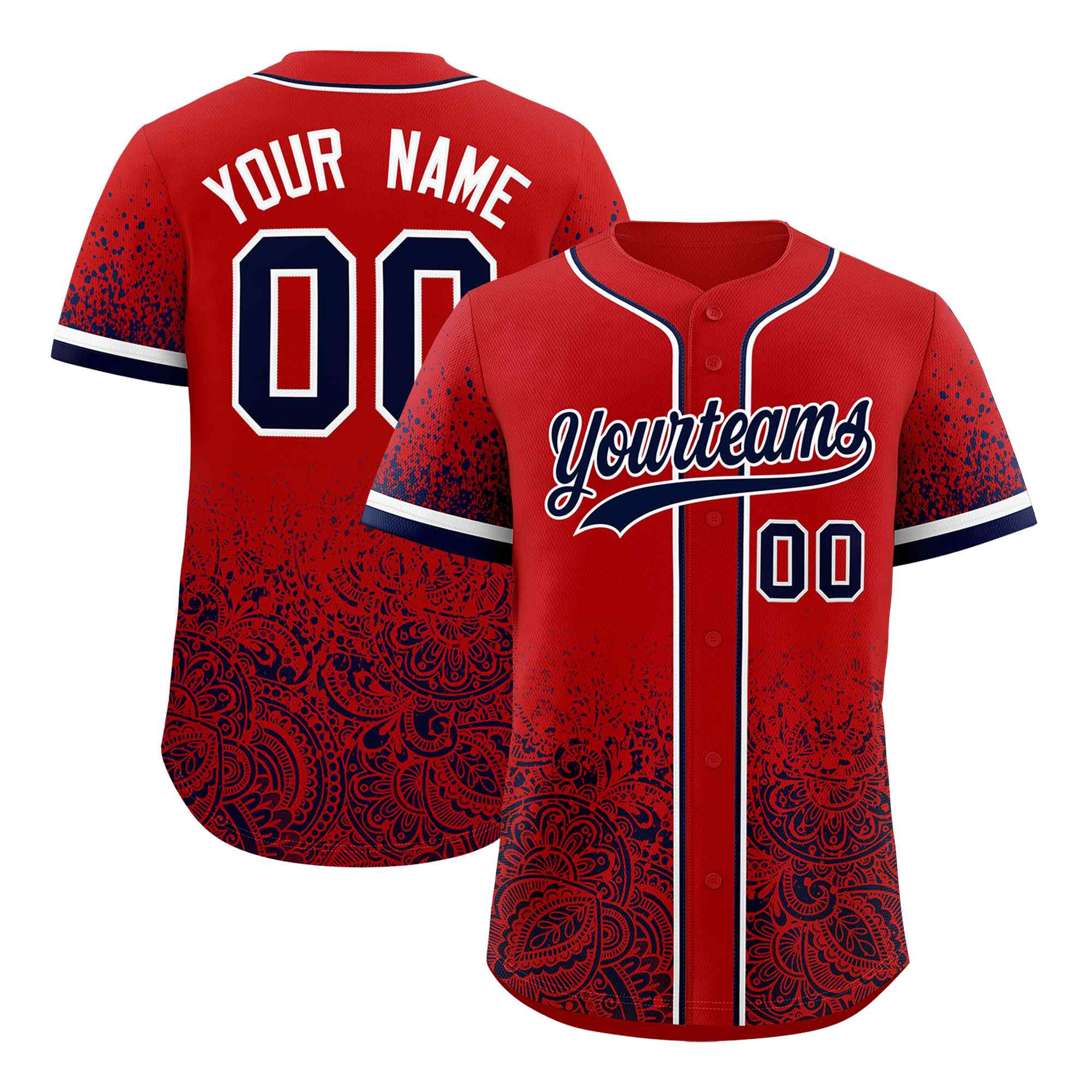 Custom Red Navy Floral Print Pattern Full Button Gradient Fashion Baseball Jersey