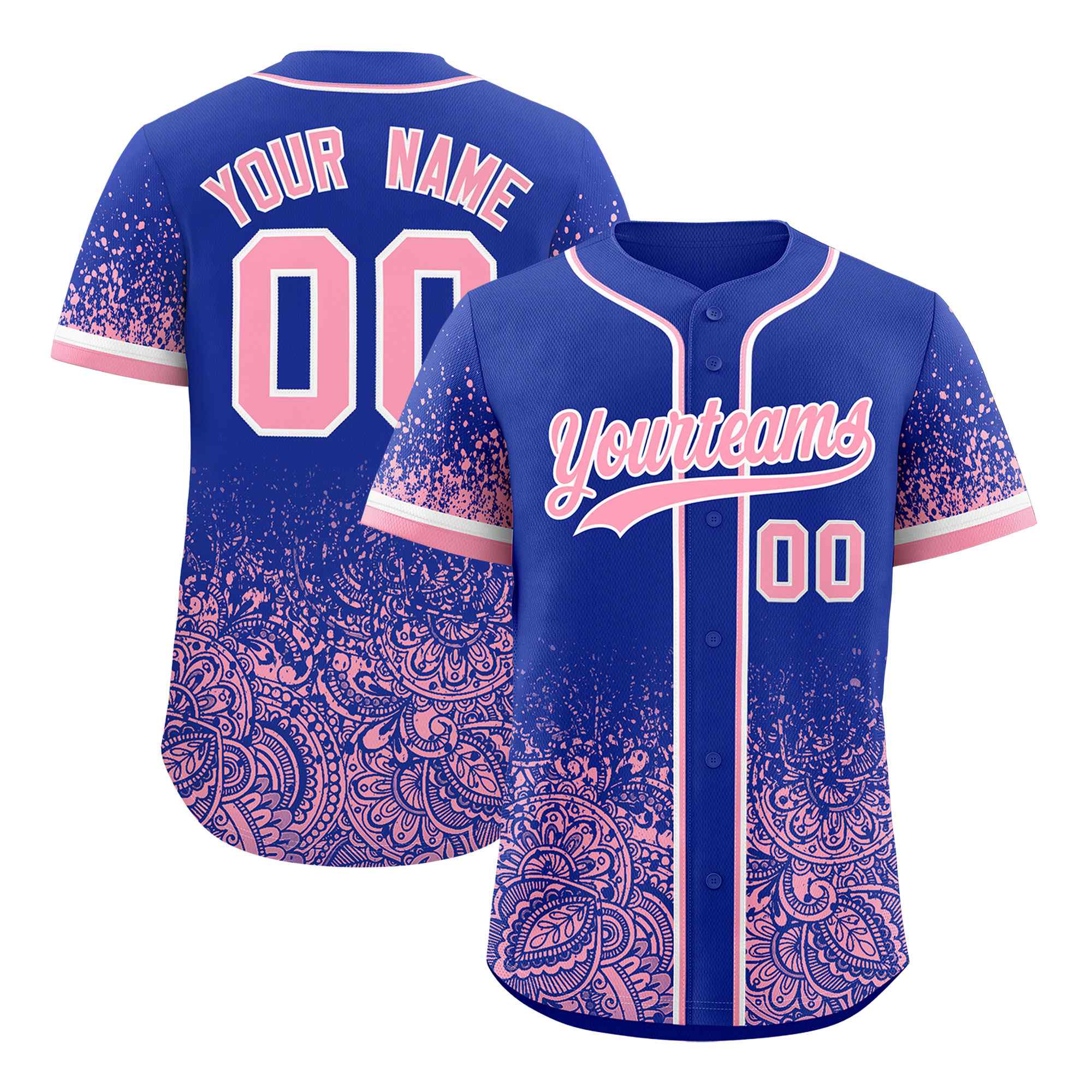 Custom Royal Light Pink Floral Print Pattern Full Button Gradient Fashion Baseball Jersey