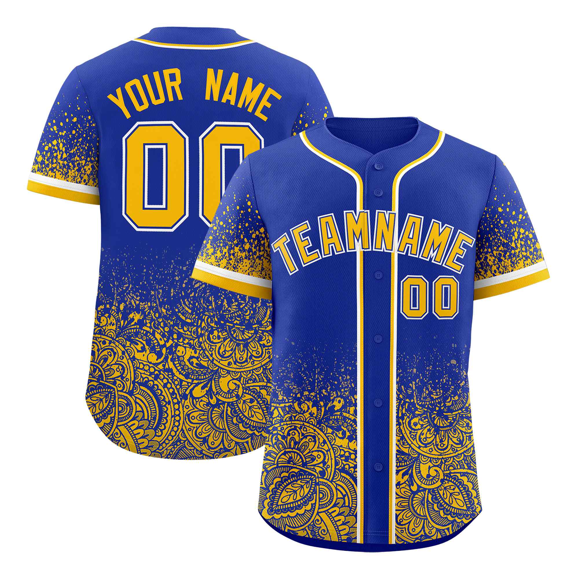 Custom Royal Yellow Floral Print Pattern Full Button Gradient Fashion Baseball Jersey