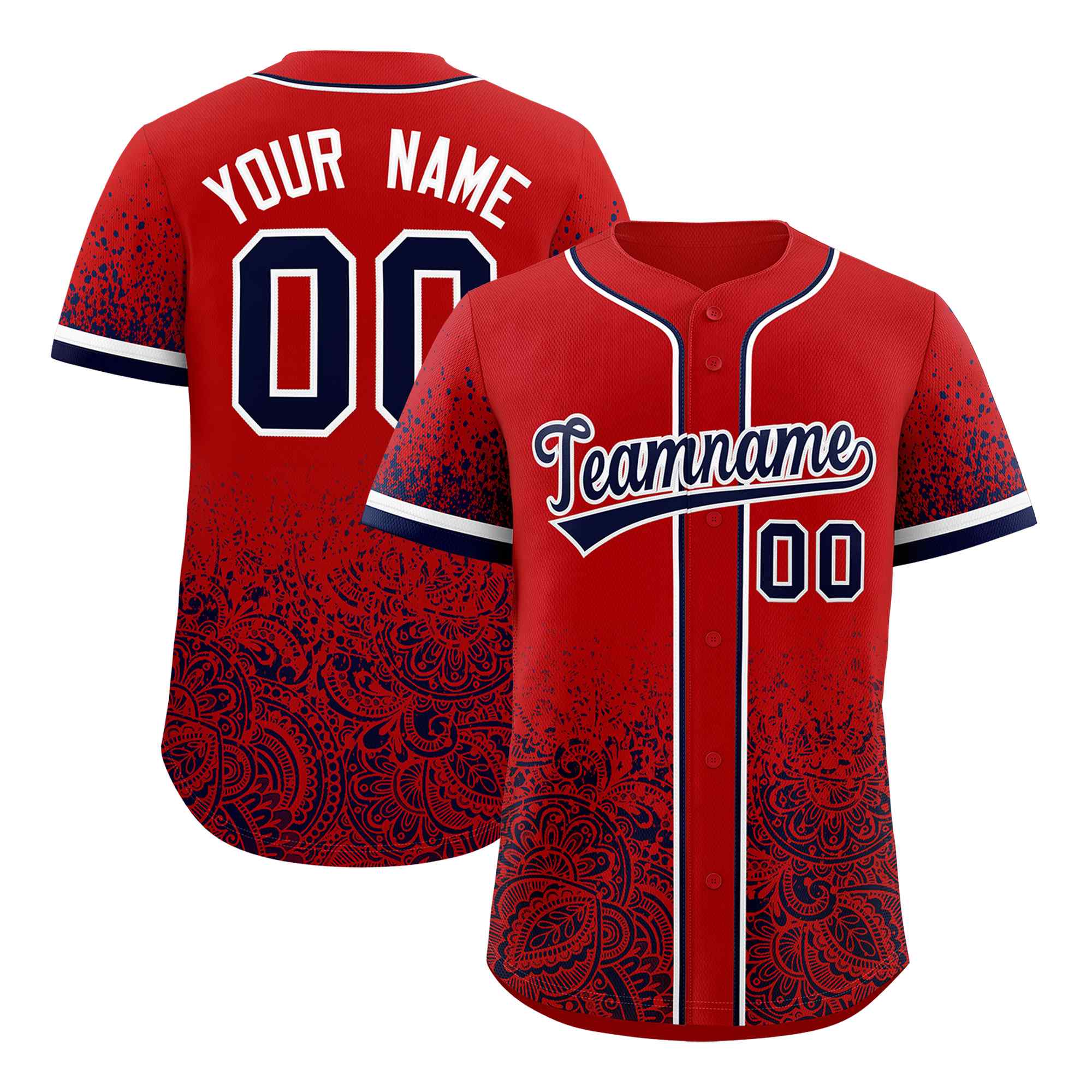 Custom Red Navy Floral Print Pattern Full Button Gradient Fashion Baseball Jersey