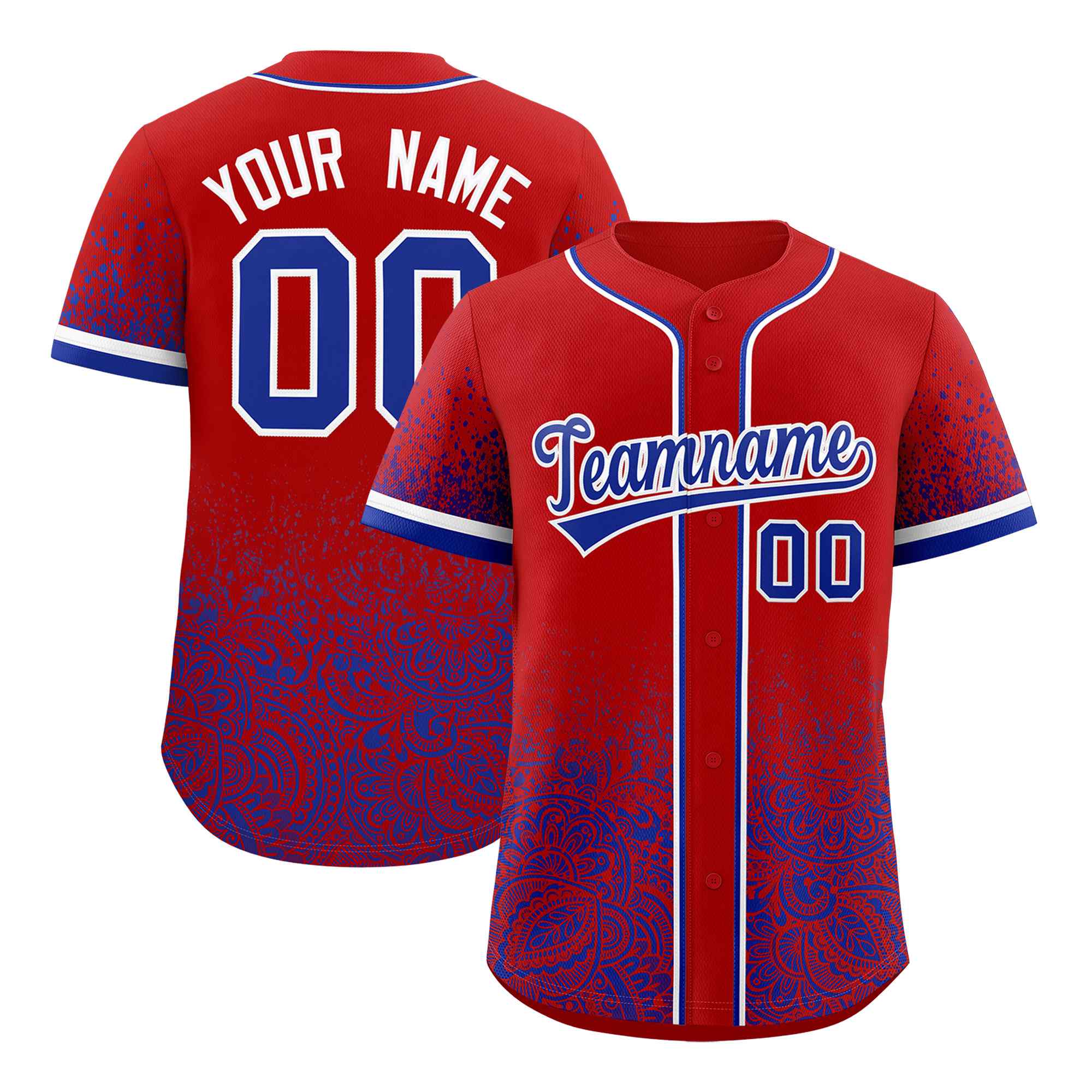 Custom Red Royal Floral Print Pattern Full Button Gradient Fashion Baseball Jersey