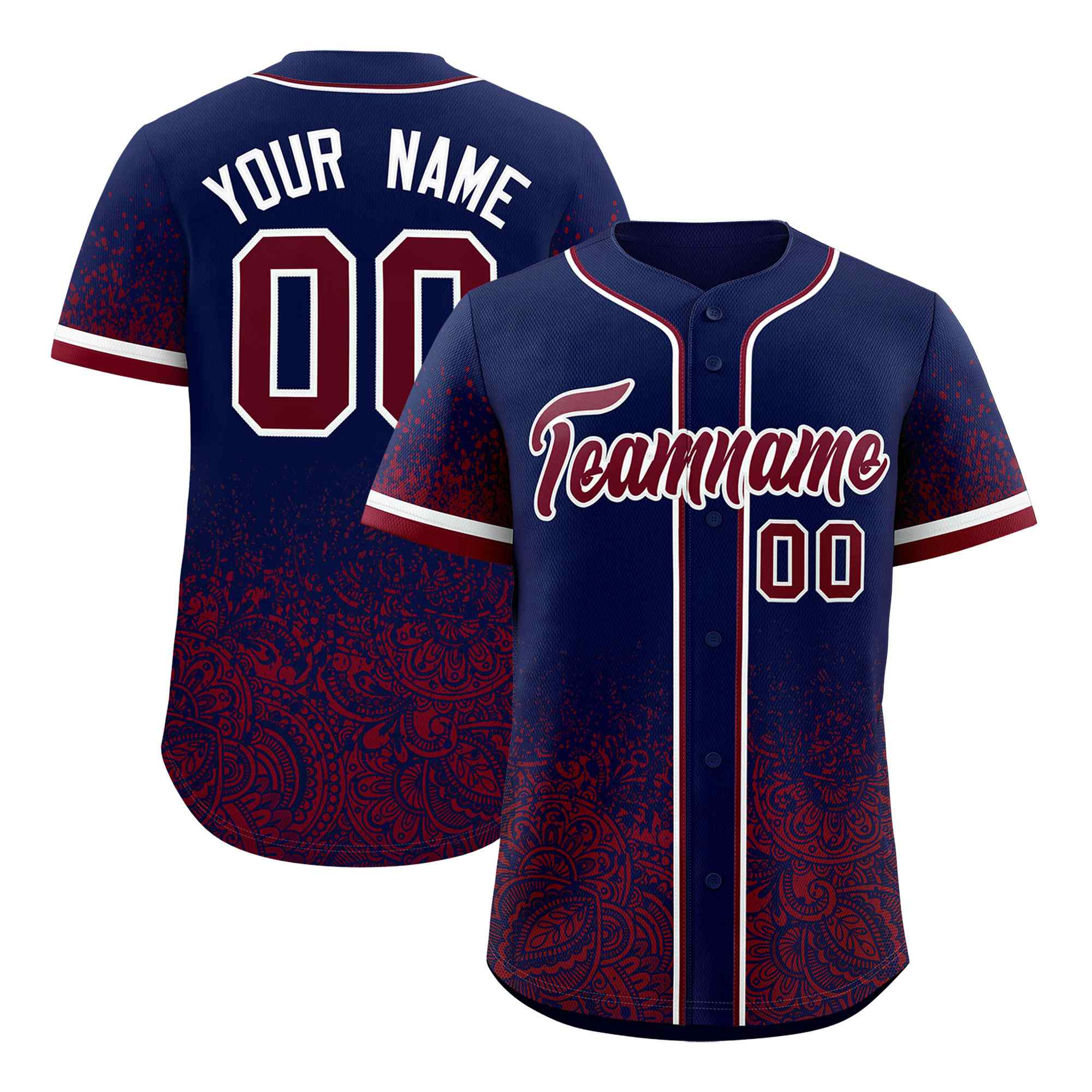Custom Navy Crimson Floral Print Pattern Full Button Gradient Fashion Baseball Jersey