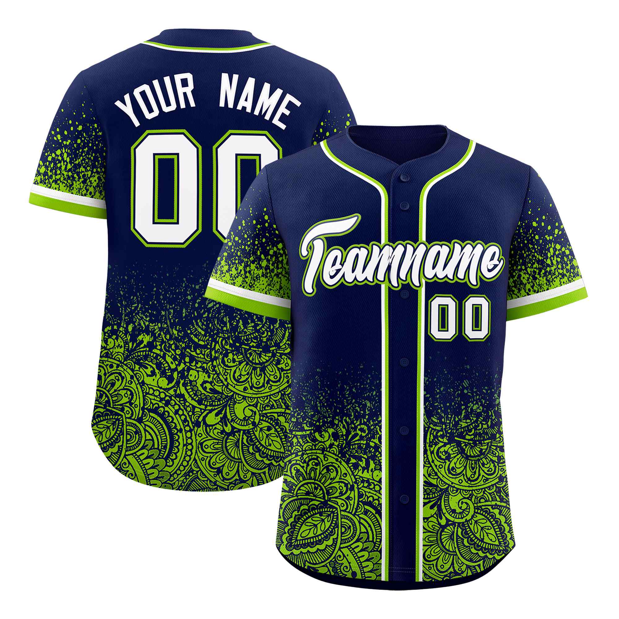Custom Navy Neon Green Floral Print Pattern Full Button Gradient Fashion Baseball Jersey
