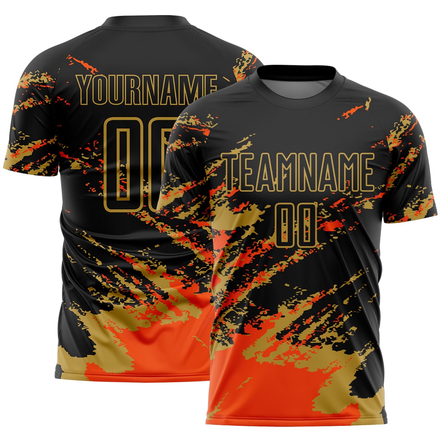 Custom Black Orange-Old Gold Abstract Fragment Art Splash Sports Sublimation Soccer Uniform Jersey