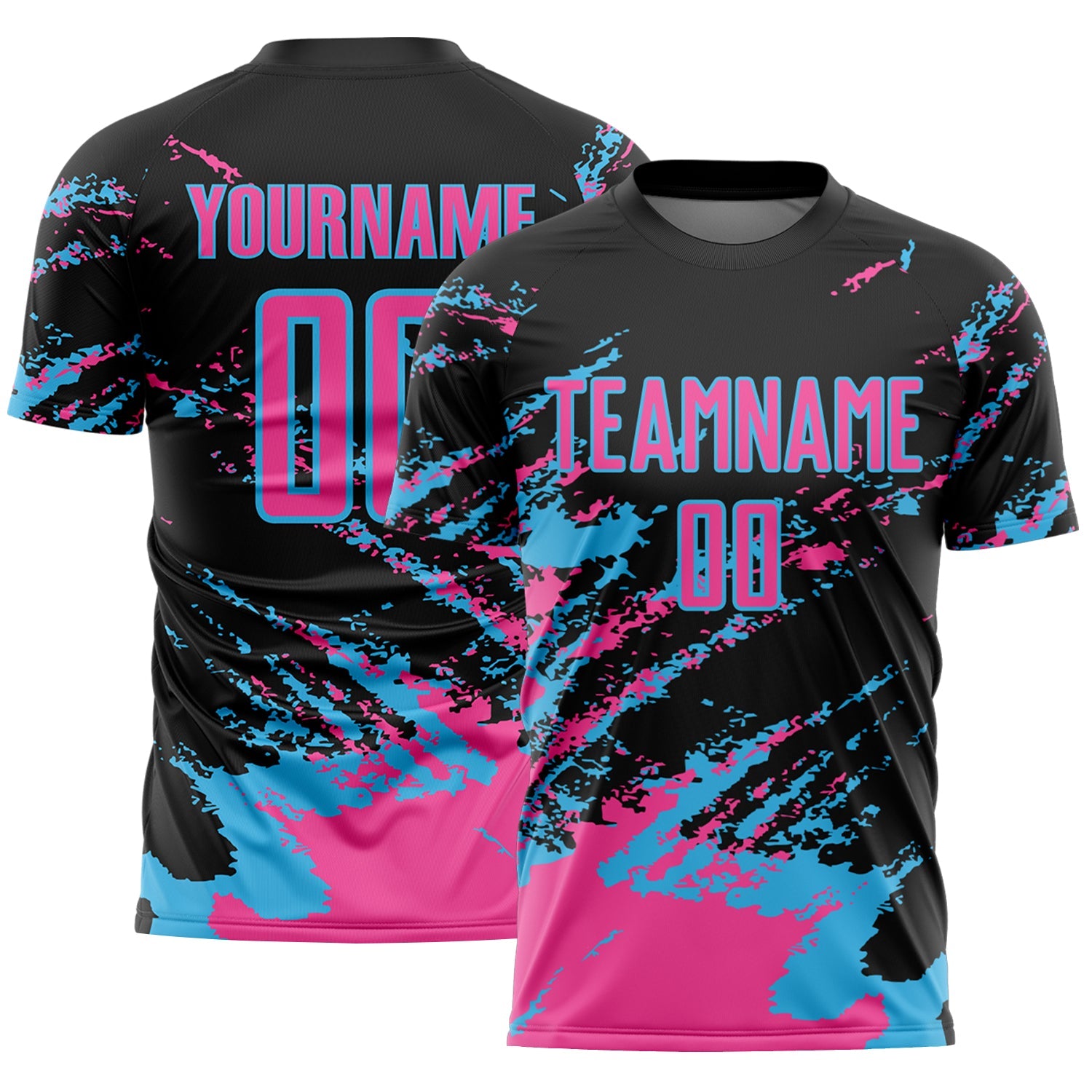 Custom Black Pink-Sky Blue Abstract Fragment Art Splash Sports Sublimation Soccer Uniform Jersey