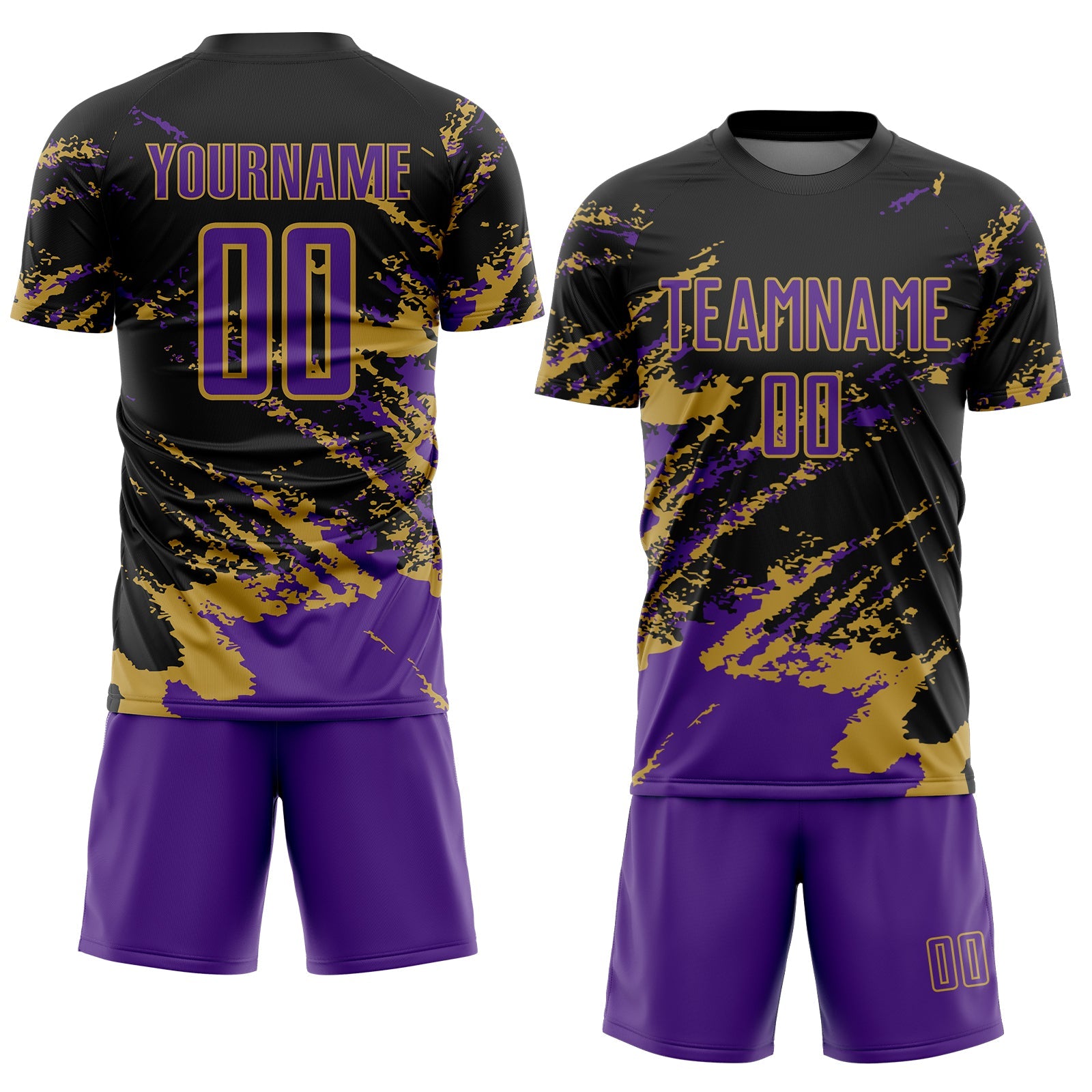 Custom Black Purple-Old Gold Abstract Fragment Art Splash Sports Sublimation Soccer Uniform Jersey